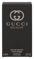 Gucci Guilty Men EDT label closeup reveals brand typography and premium packaging details