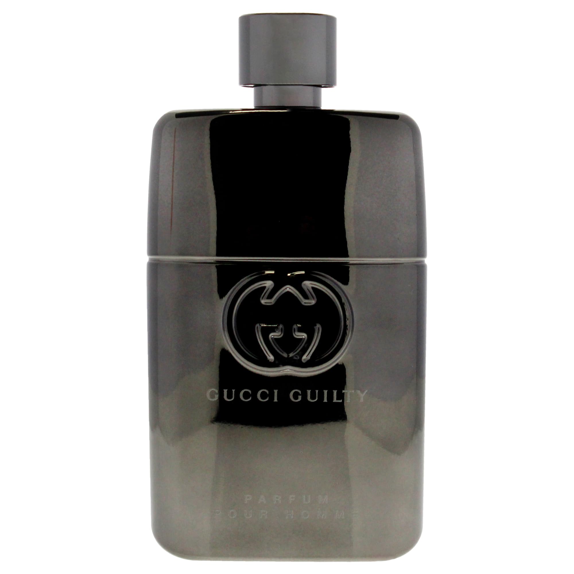 Gucci Guilty Men glass bottle glow emphasizes balanced woody-aromatic notes.