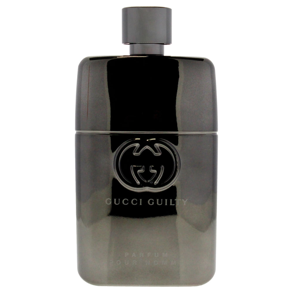 Gucci Guilty Men glass bottle glow emphasizes balanced woody-aromatic notes.