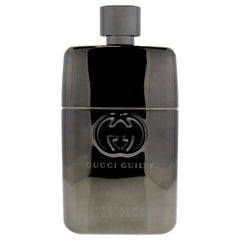 Gucci Guilty Men glass bottle glow emphasizes balanced woody-aromatic notes.