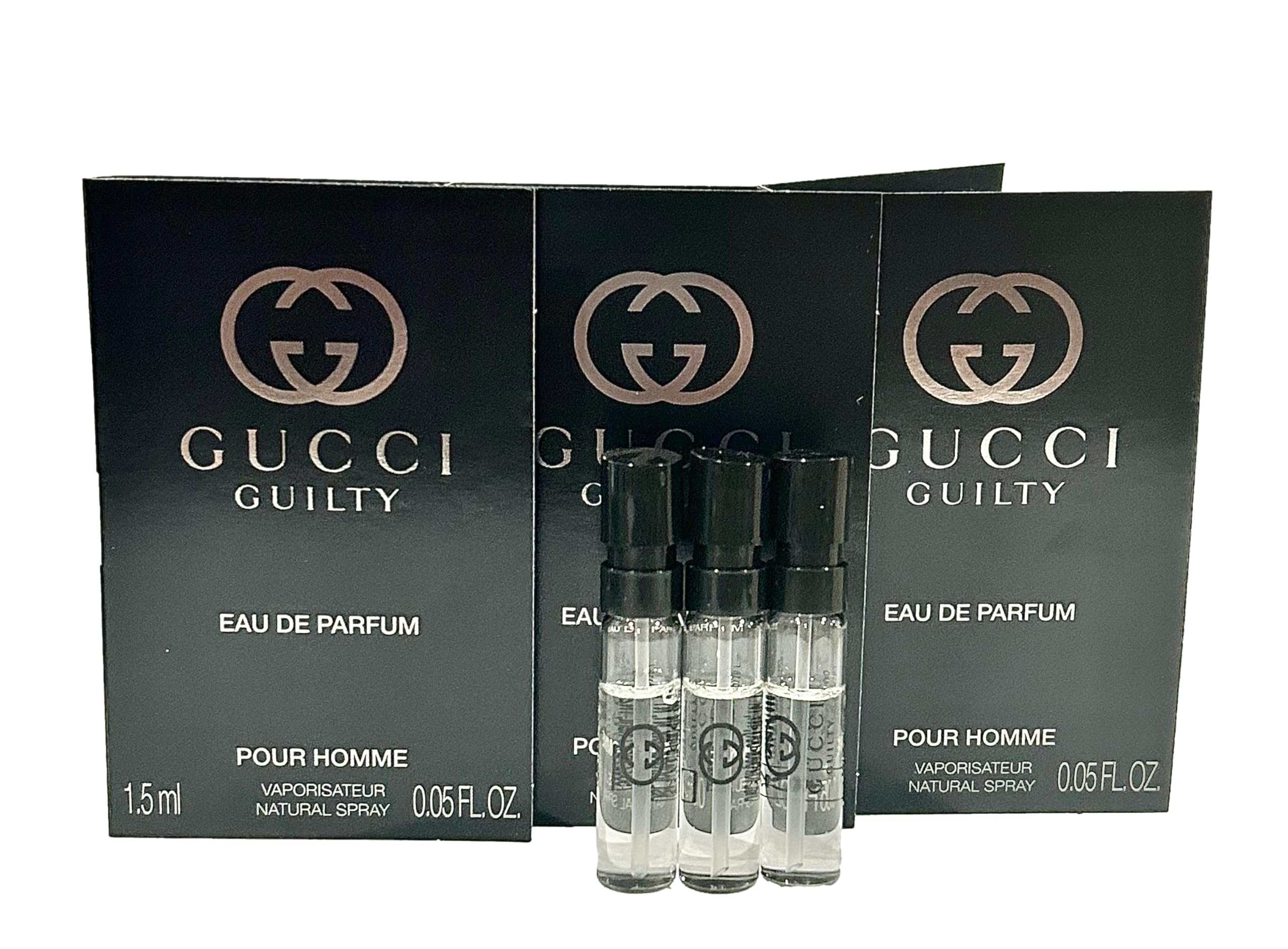 Gucci Guilty sample set packaging—three compact vials ideal for travel testing.