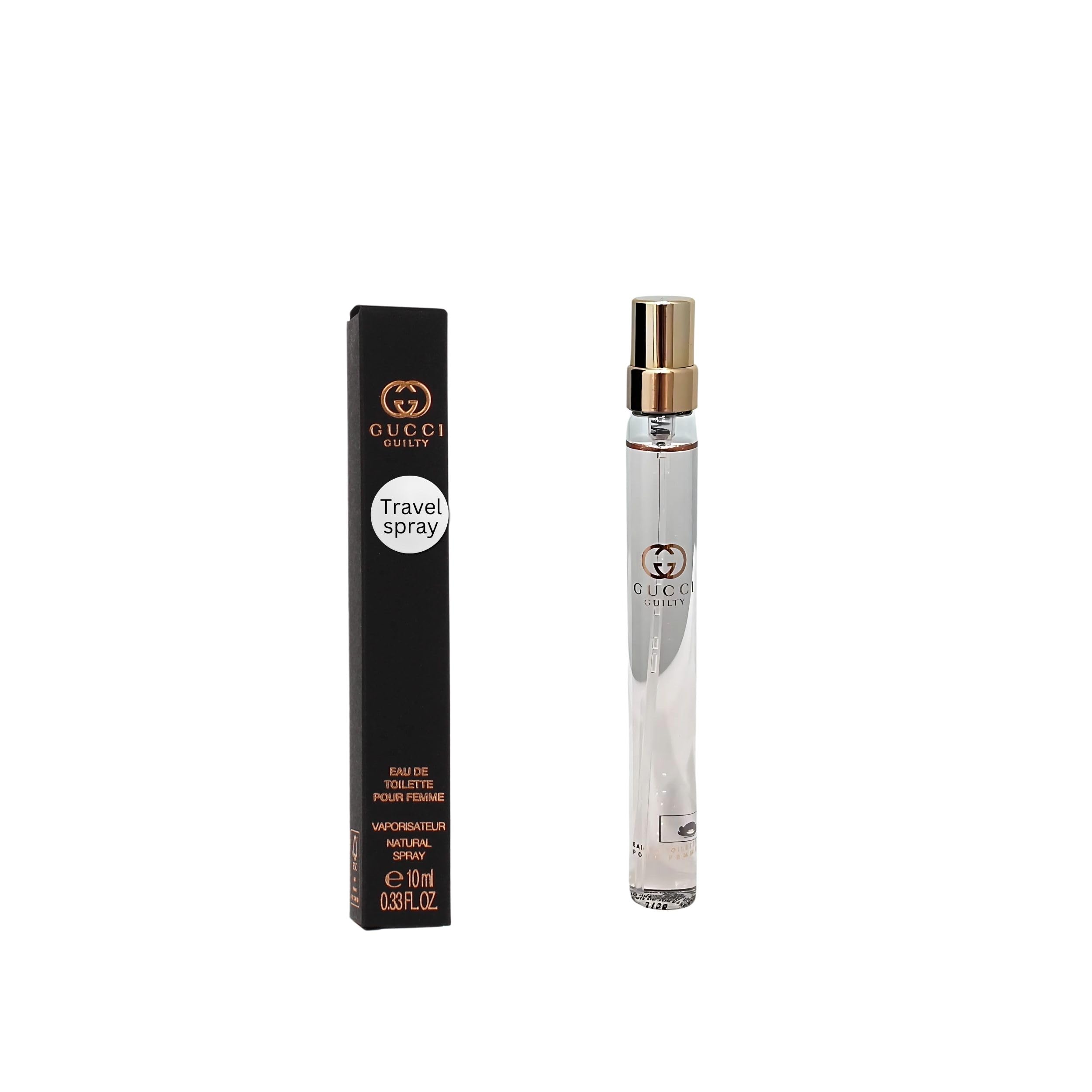 Gucci Guilty Pour Femme travel spray bottle close-up for purse-ready fragrance