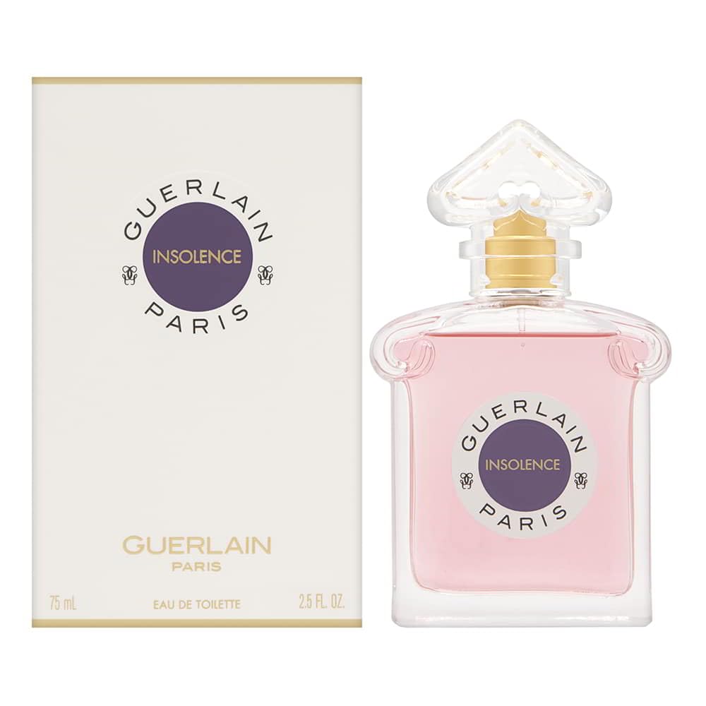 Guerlain Insolence EDT bottle close-up, vibrant pink hues for radiant daytime wear and evening elegance