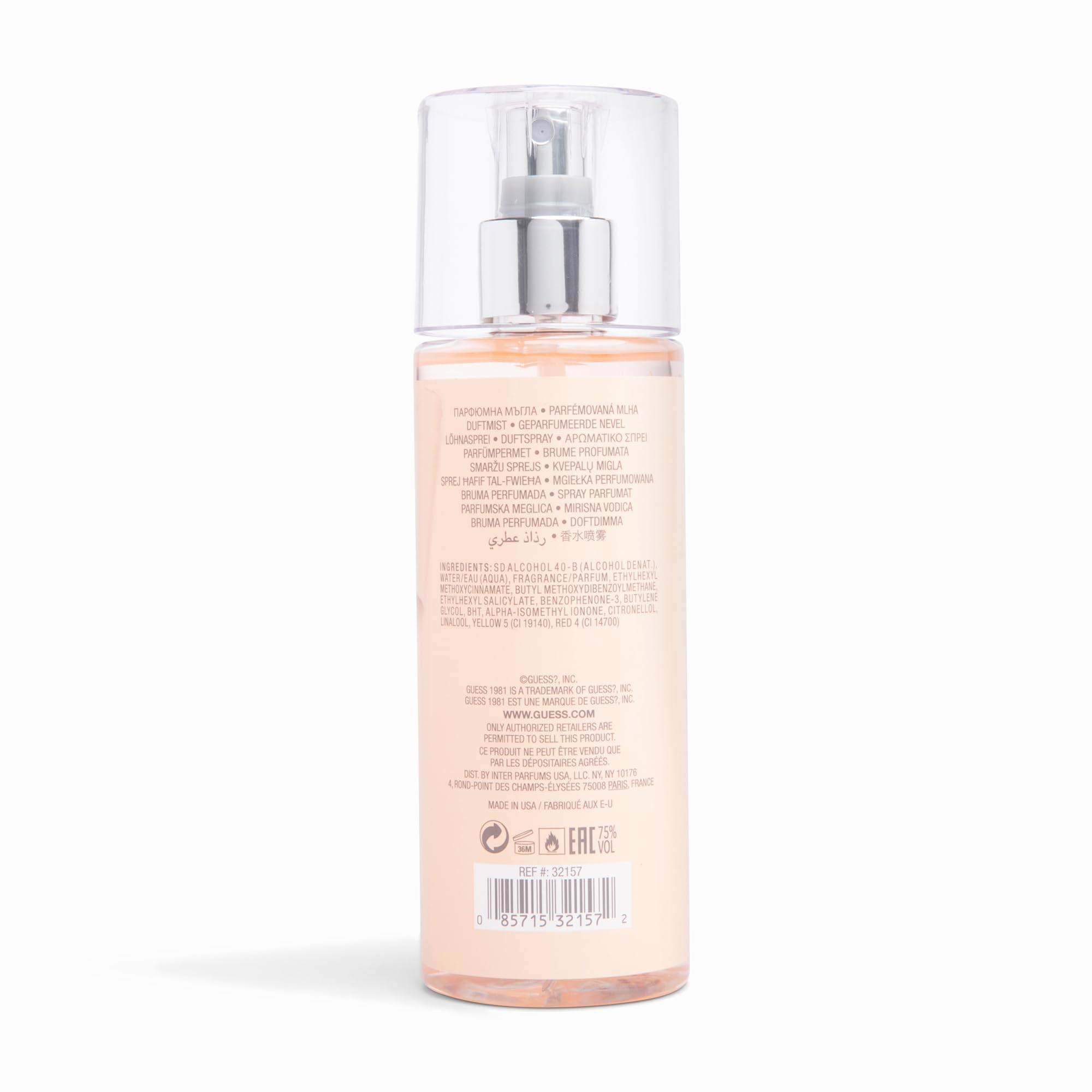 GUESS 1981 for Women fragrance mist bottle closeup – ambrette sandalwood hints with warm depth.