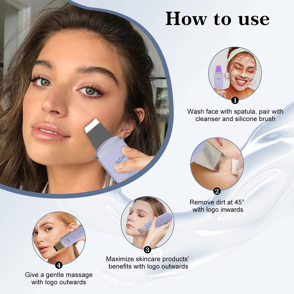 GUGUG purple spatula performing steam-assisted cleansing on skin.