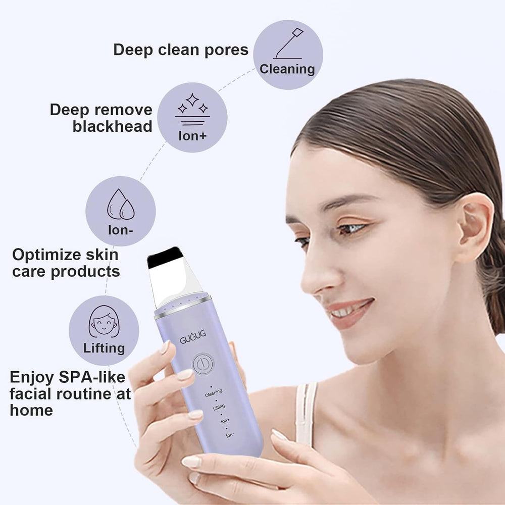 GUGUG facial spatula purple near the nose area for pore cleansing.