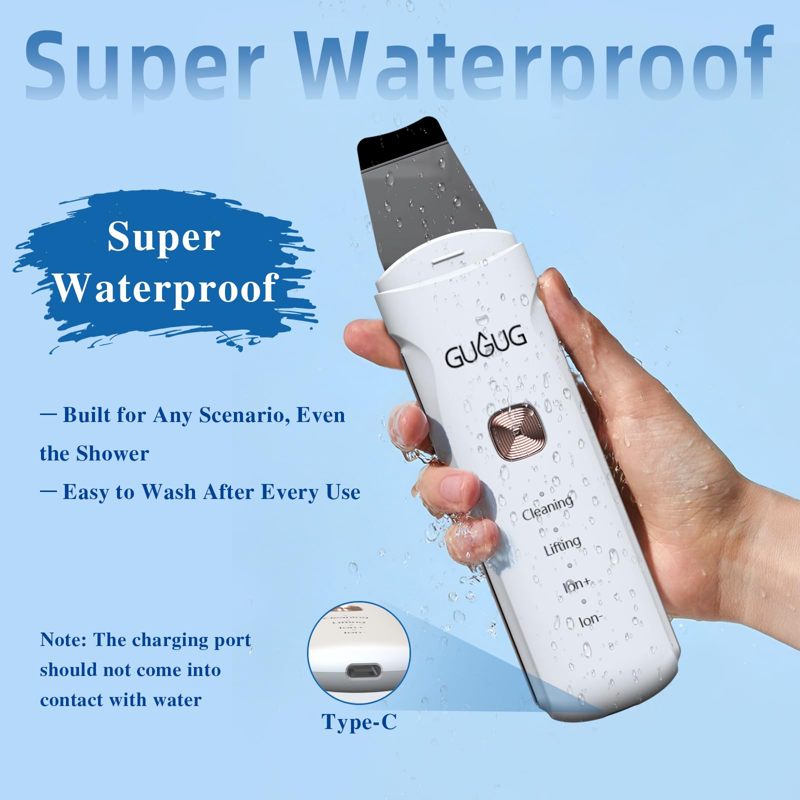GUGUG Skin Scrubber Ion minus mode boosts absorption of serums and creams.