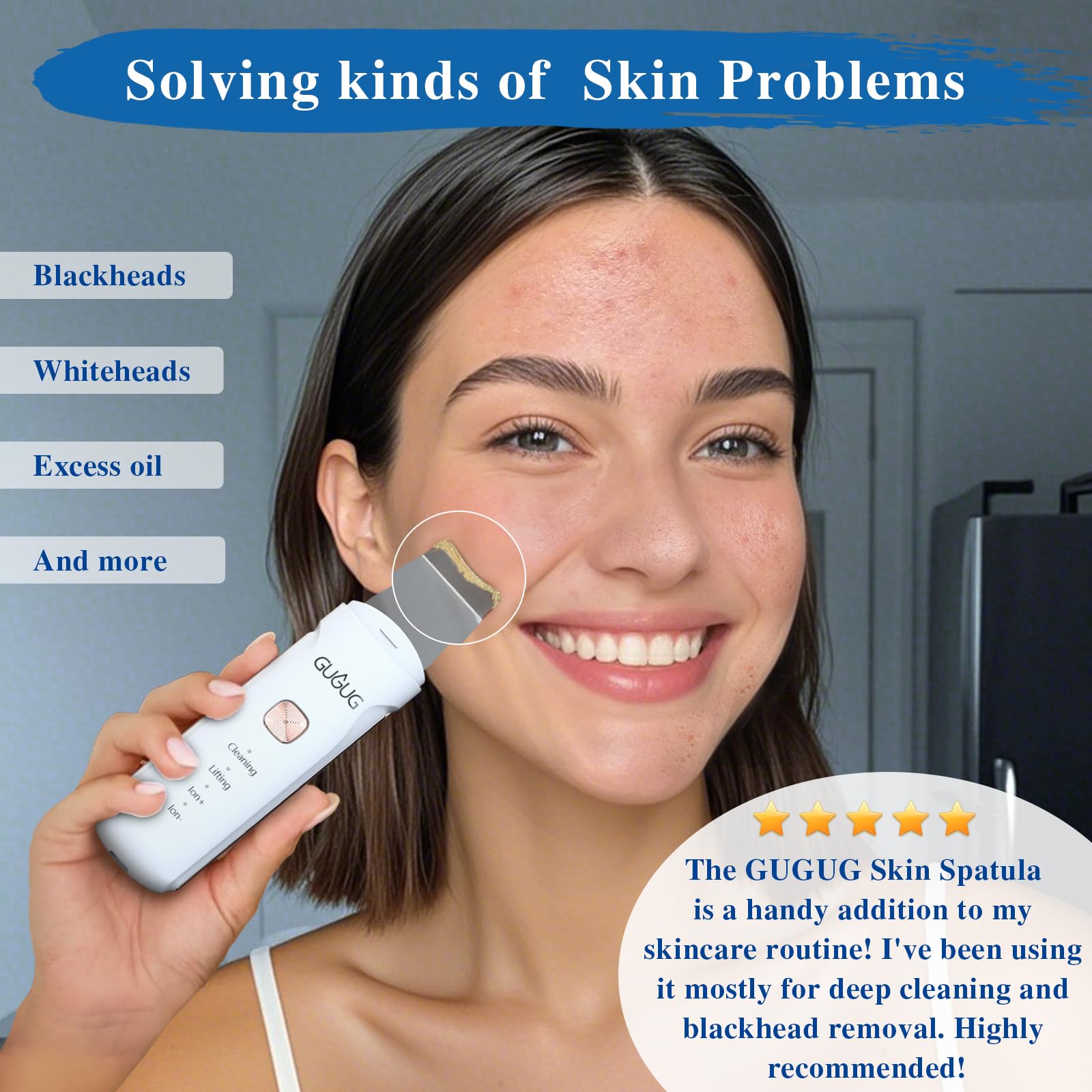 GUGUG Skin Scrubber lifting mode delivers a gentle facial massage.
