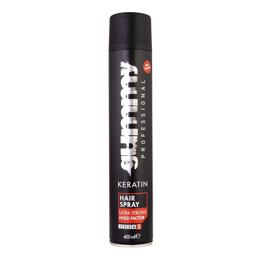 Gummy hair spray 400ml bottle delivers strong all-day hold.
