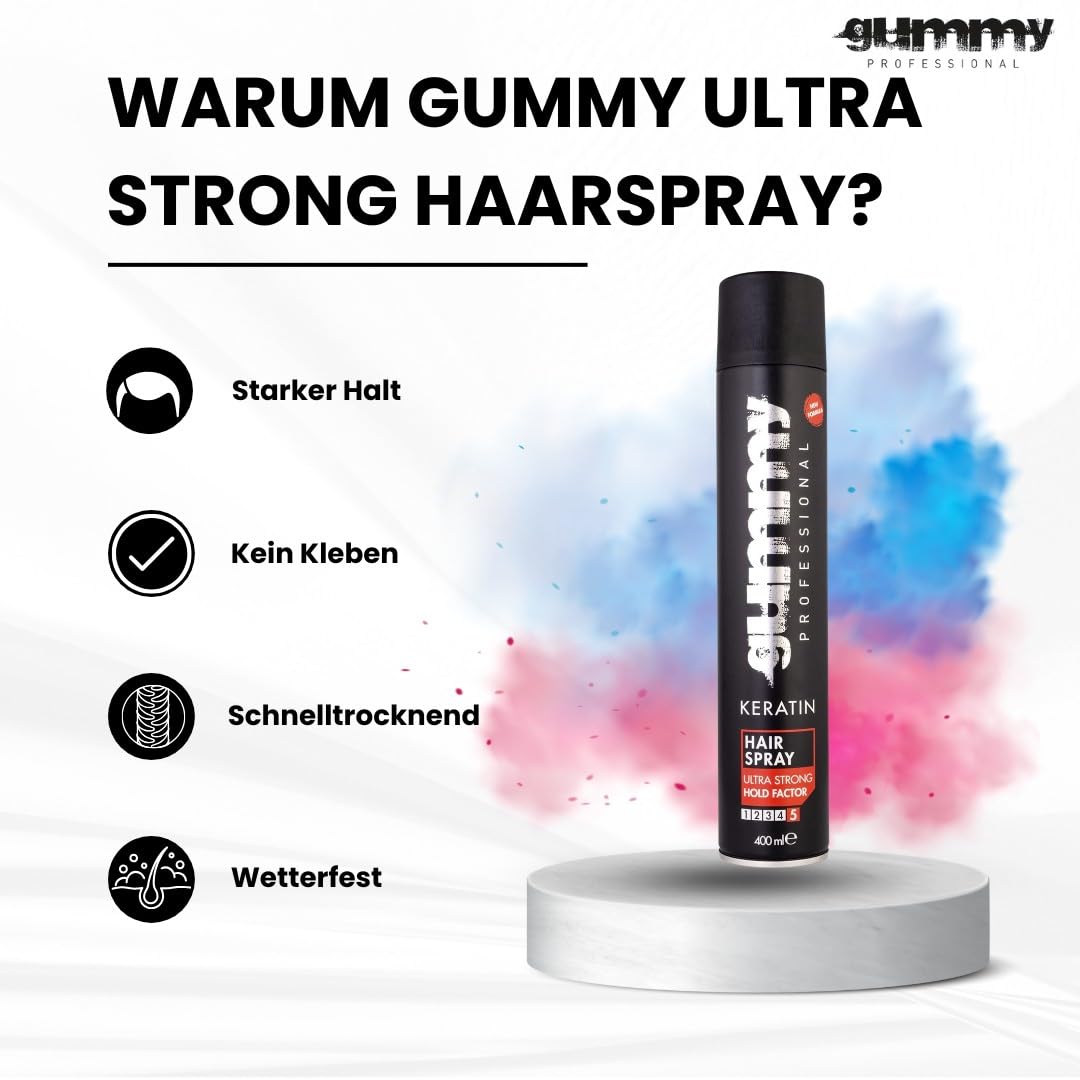 Gummy hair spray dispense action demonstrates smooth, precise styling.