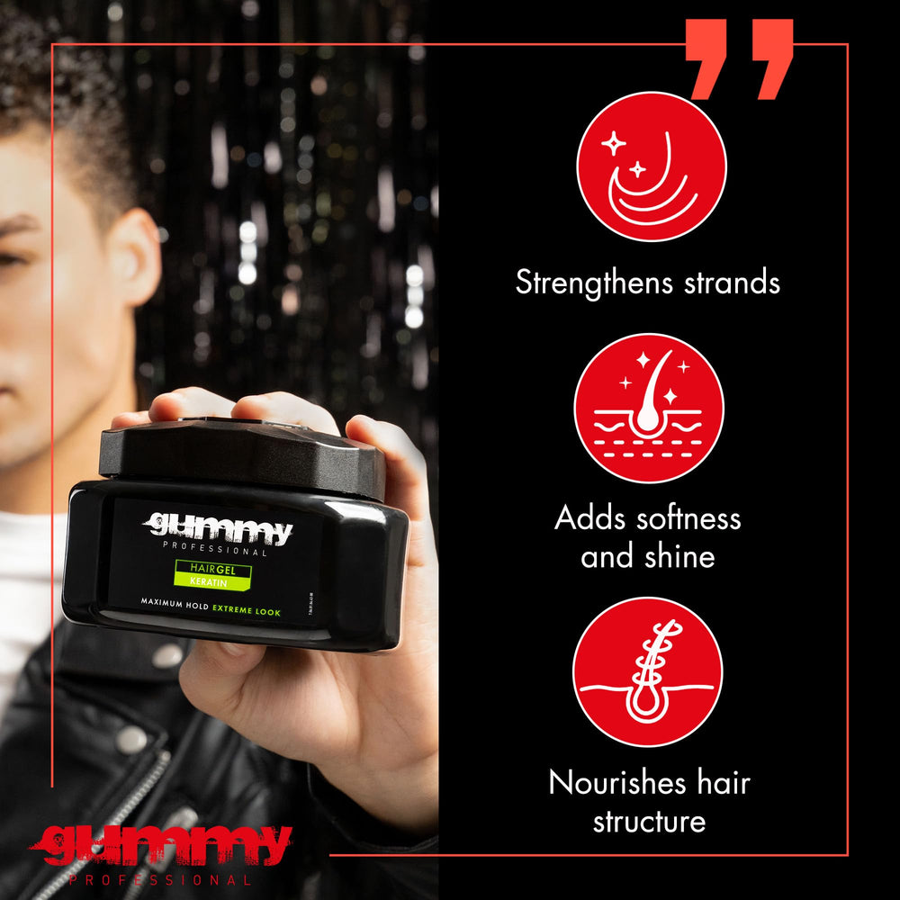 Gummy professional hair gel wet-look-shine image with glossy finish for modern finishes.