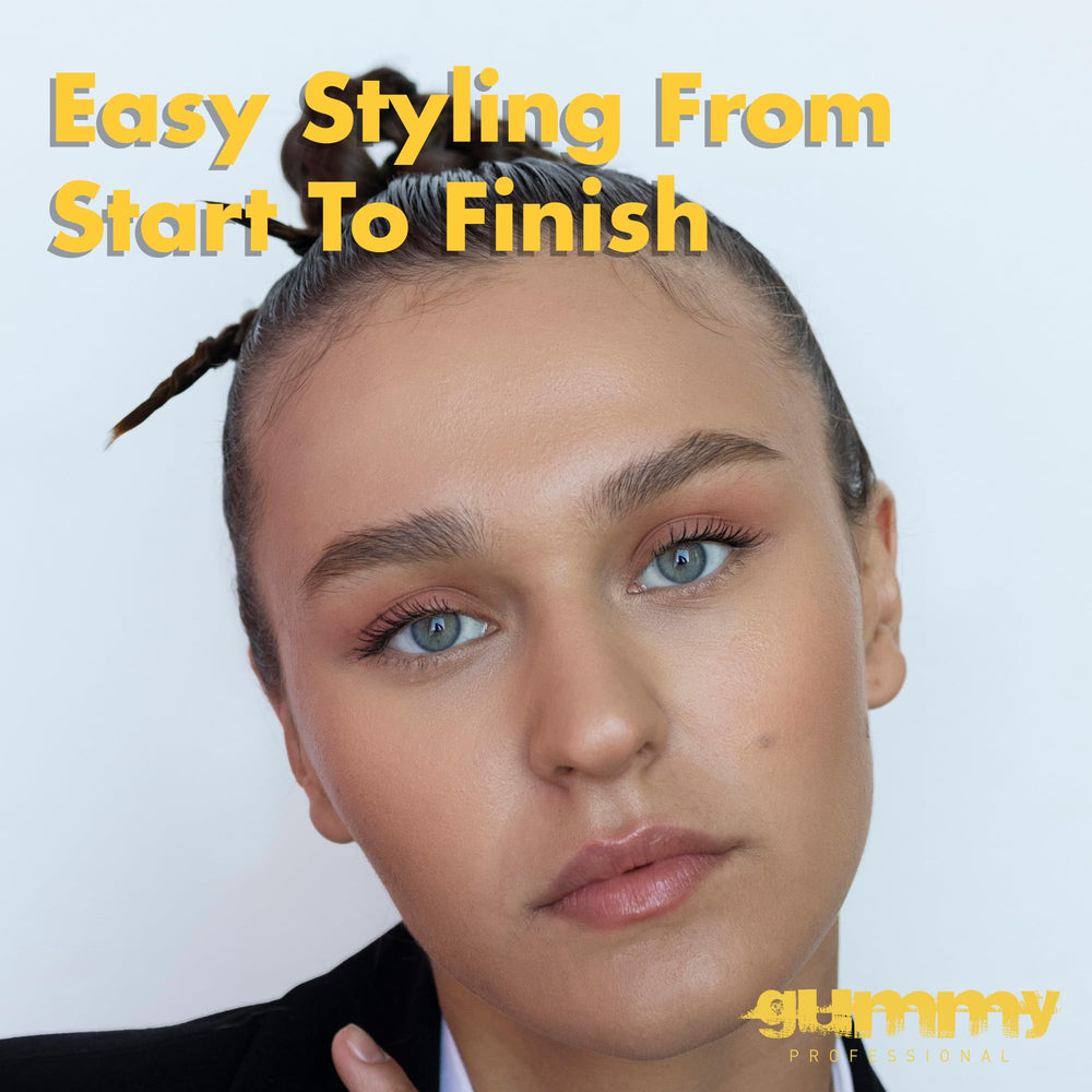 Gummy Professional Plus Hair Gel on bathroom counter with tools for everyday styling