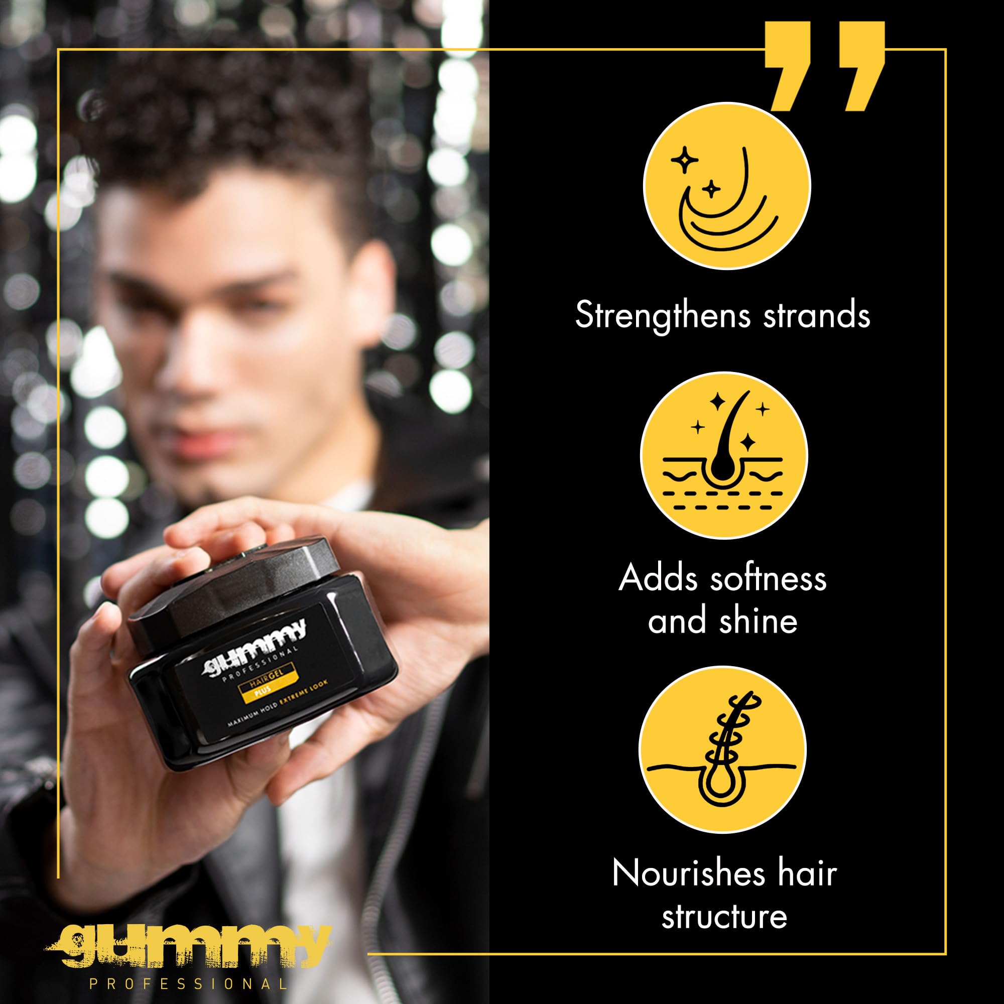 Gummy Professional Plus Hair Gel pump top demonstrating easy application for all hair types