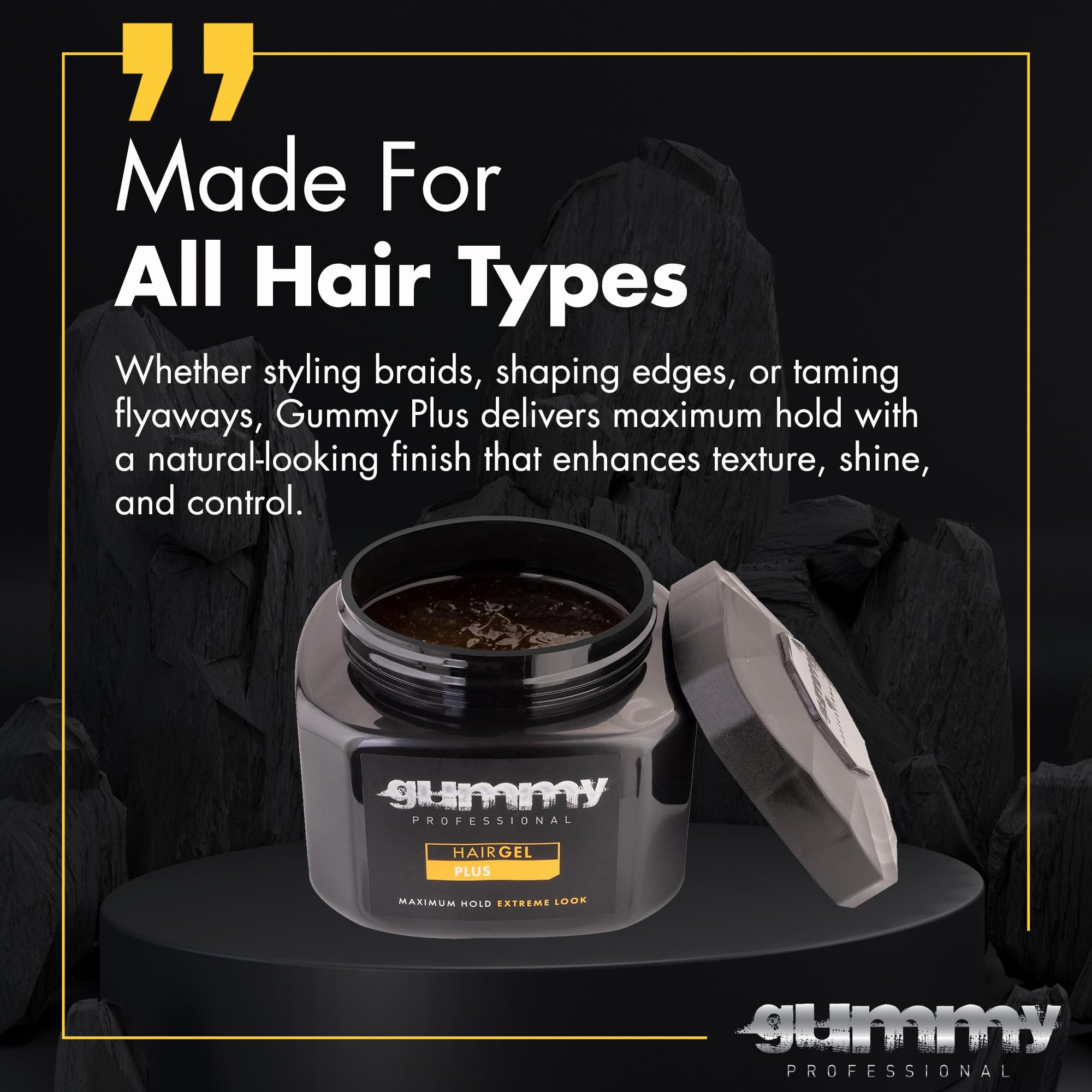 Gummy Professional Plus Hair Gel edge-control action on edges for smooth finish