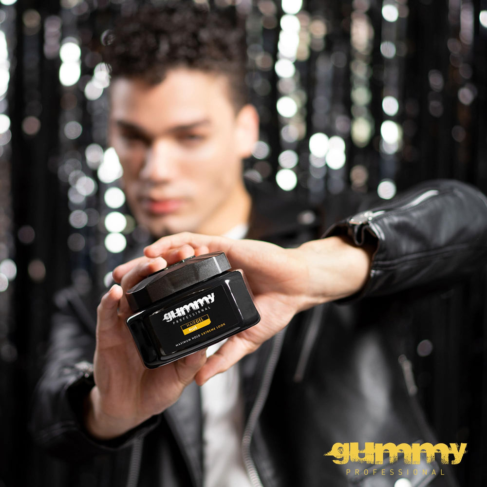 Gummy Professional Plus Hair Gel on a model with a slick back, demonstrating long-lasting neat style