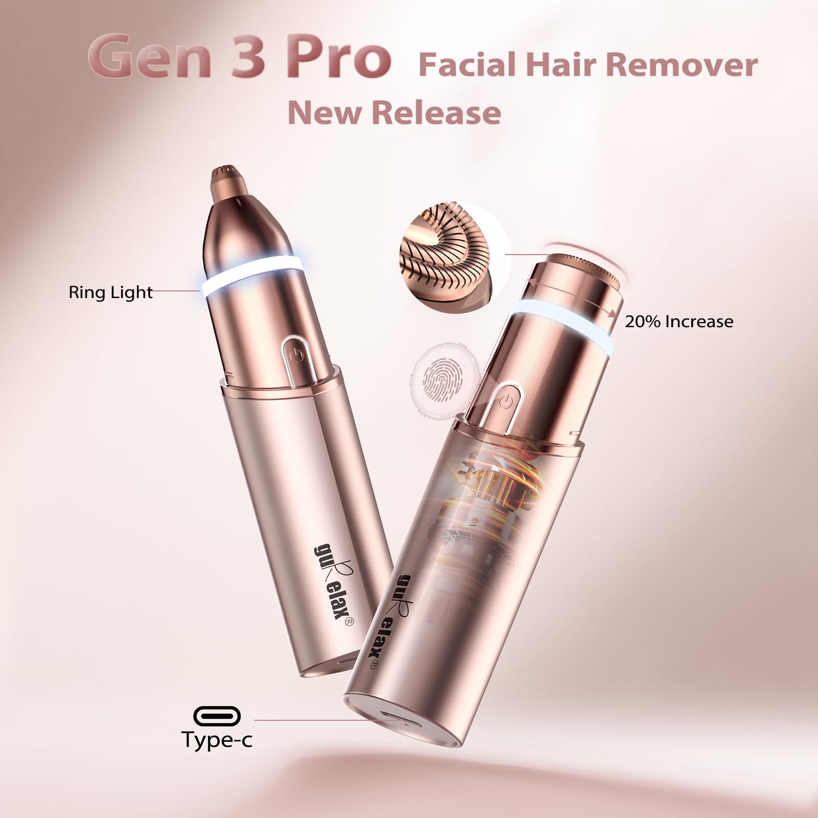 Gurelax 360-degree hypoallergenic head delivers gentle facial grooming experience.