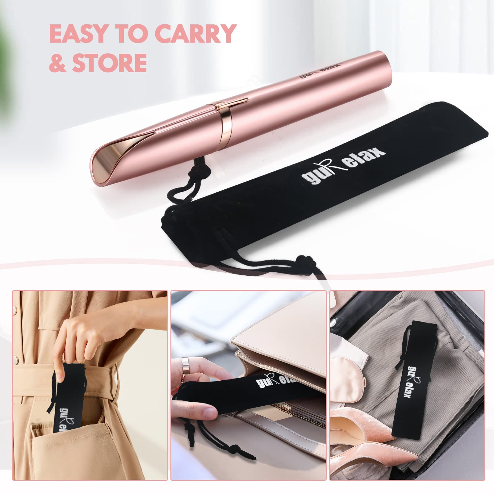 Gurelax rose gold device fits in purse for quick touch-ups.