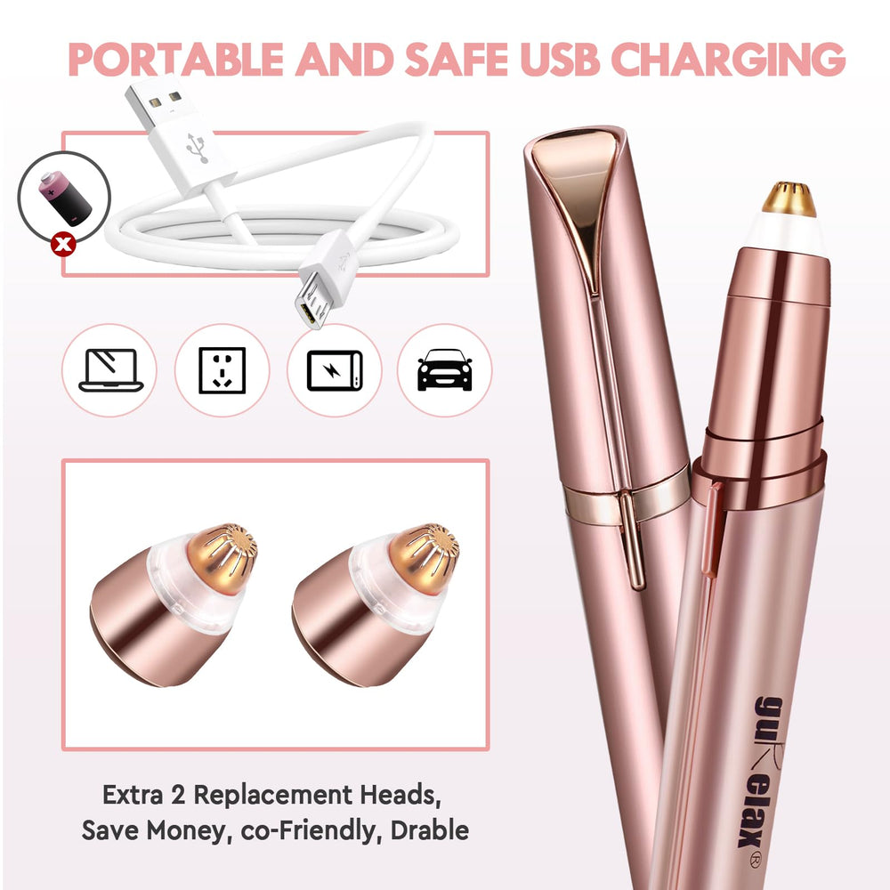 Gurelax precision head safely trims fine brow hairs on sensitive skin.