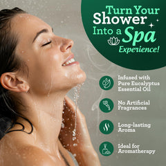 GuruNanda eucalyptus vapor shower tablet dissolving on shower floor releasing refreshing aroma.