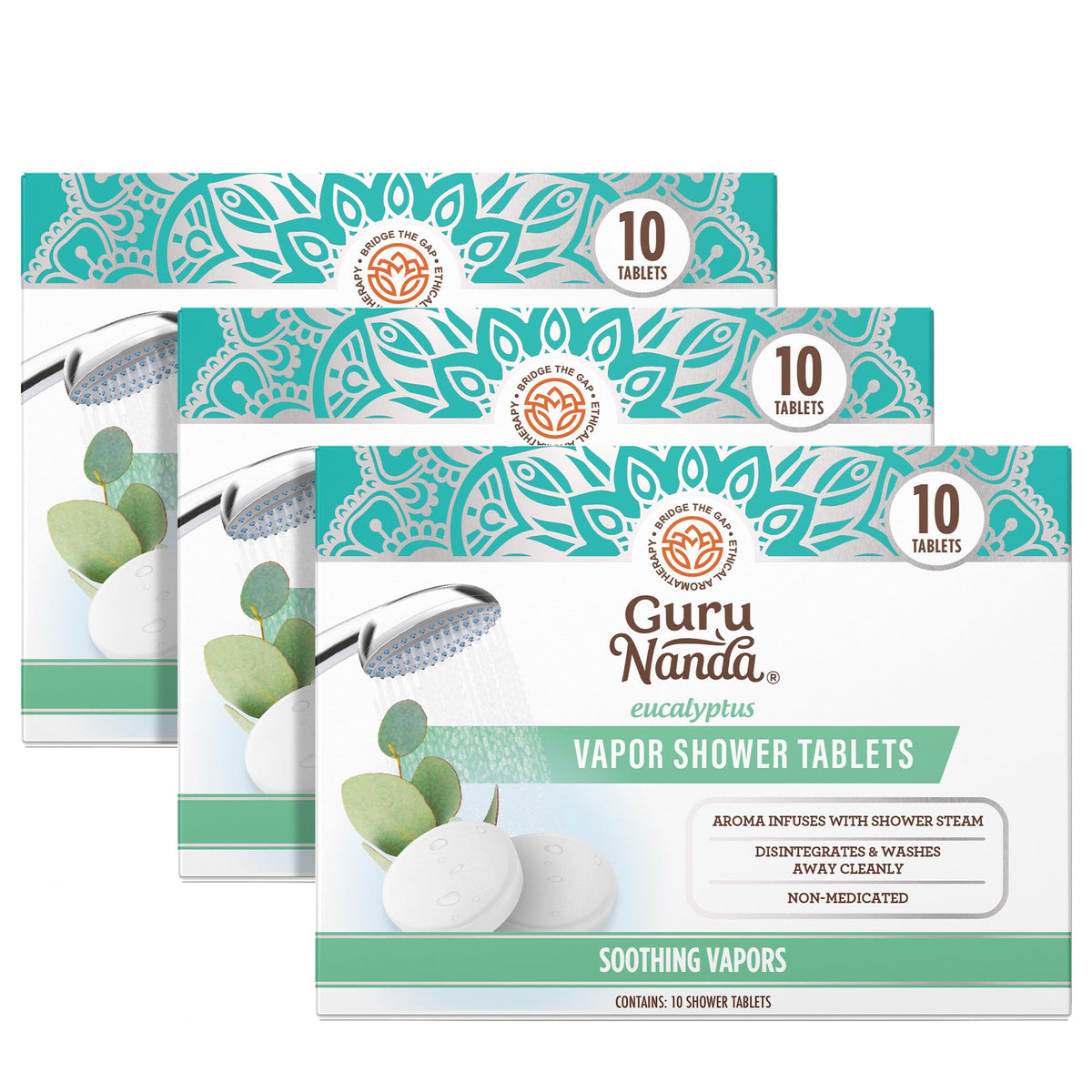 GuruNanda eucalyptus vapor shower tablet packaging close-up showing gift-ready presentation.