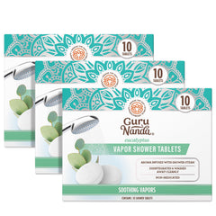 GuruNanda eucalyptus vapor shower tablet packaging close-up showing gift-ready presentation.