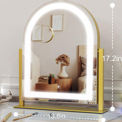 Gvnkvn arched makeup mirror side view in gold for detailed routine setup.
