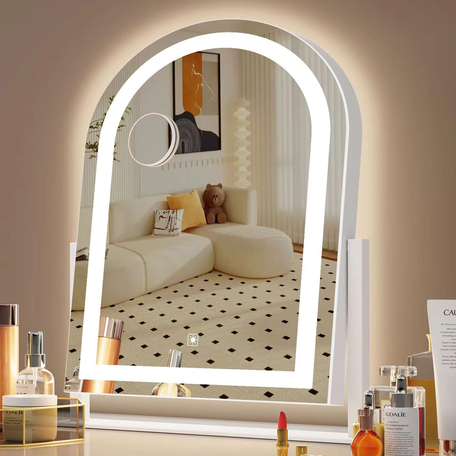 Gvnkvn curved makeup mirror front view shows bright lighting for flawless makeup prep.