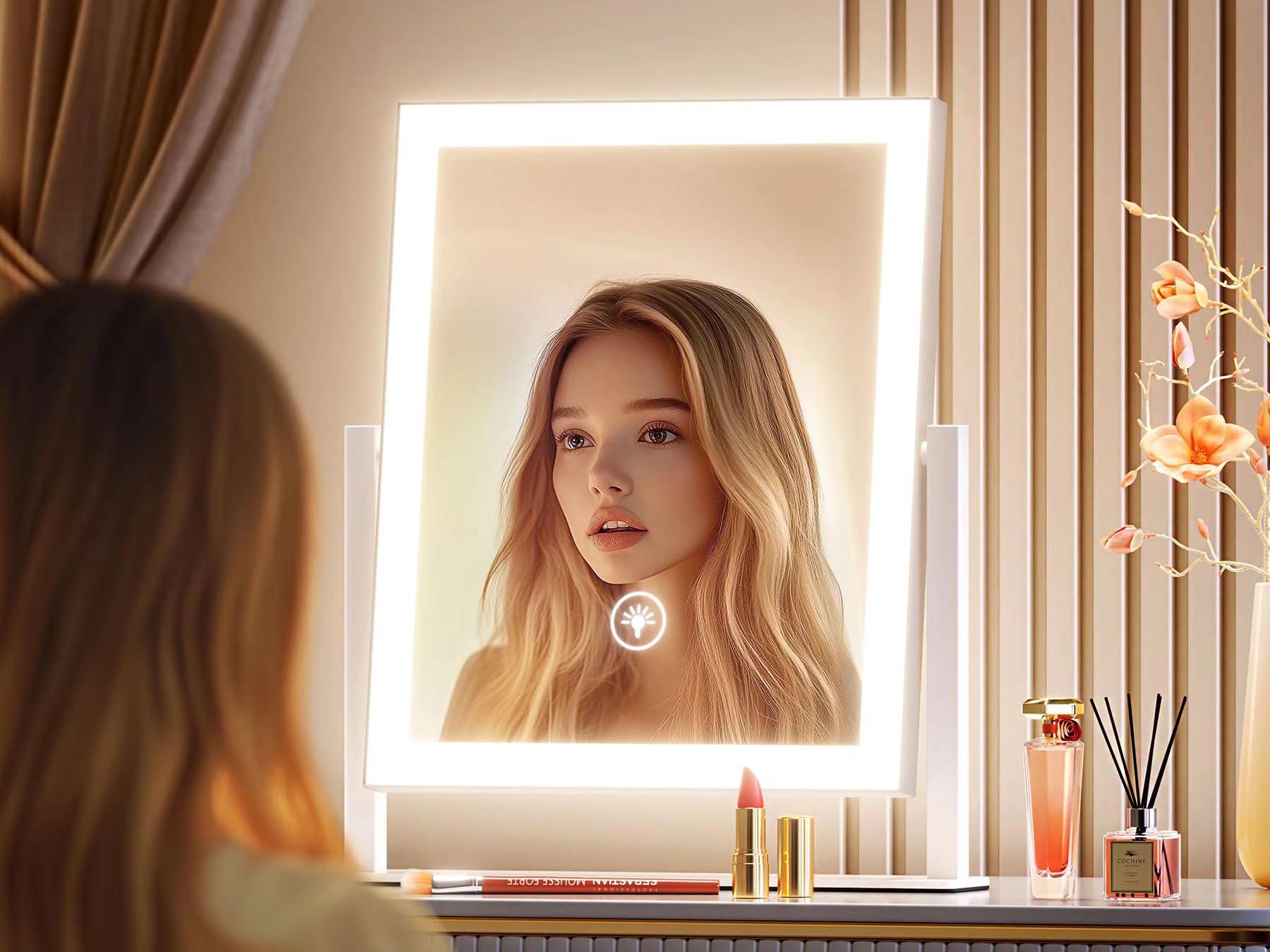 Gvnkvn lighted makeup mirror lit setup showing bright illumination across vanity.