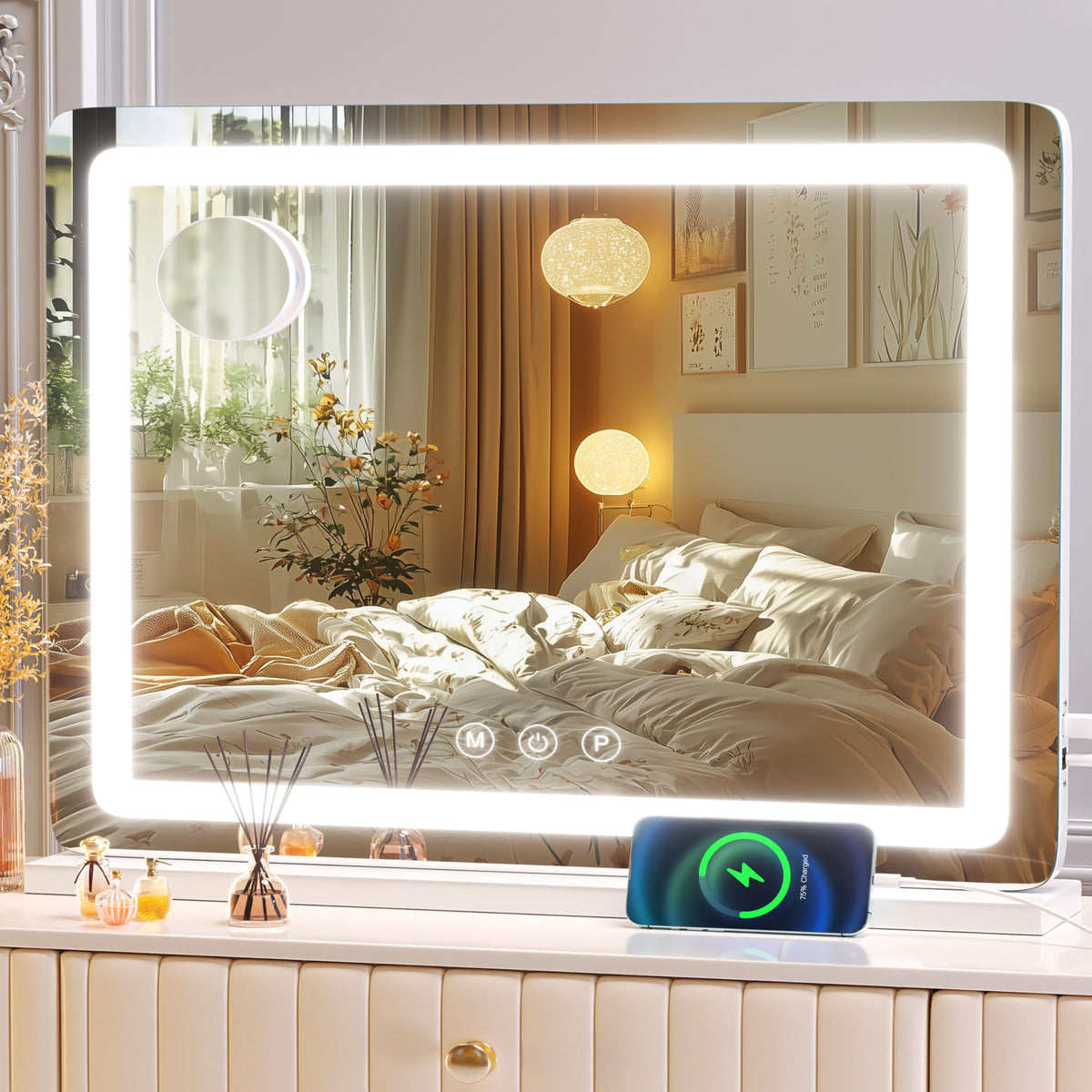 Gvnkvn makeup vanity mirror 24x19 offers clear reflection with soft glow for precise makeup.