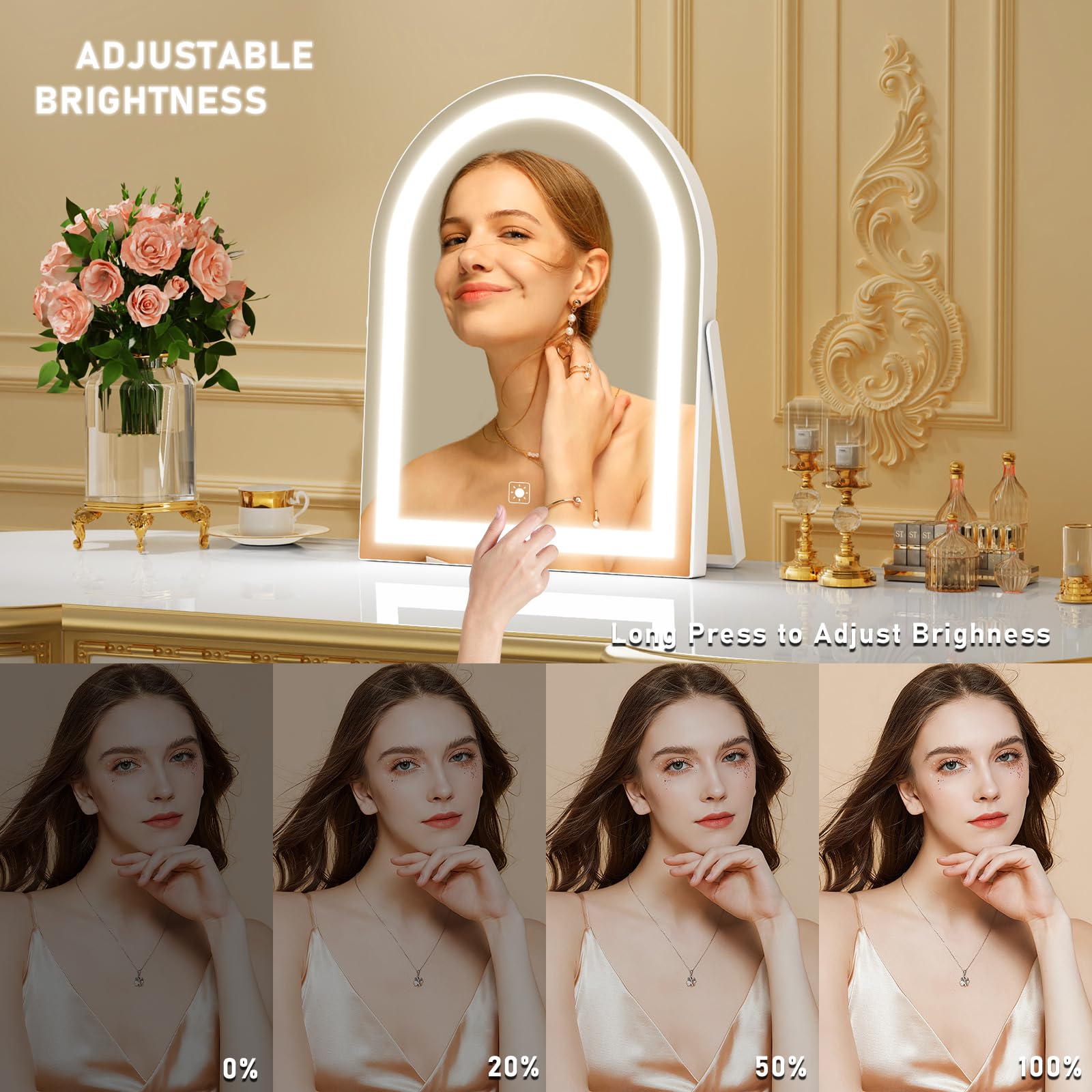 Gvnkvn vanity-mirror-led-dims close-up shows adjustable color temperature for natural-looking skin.