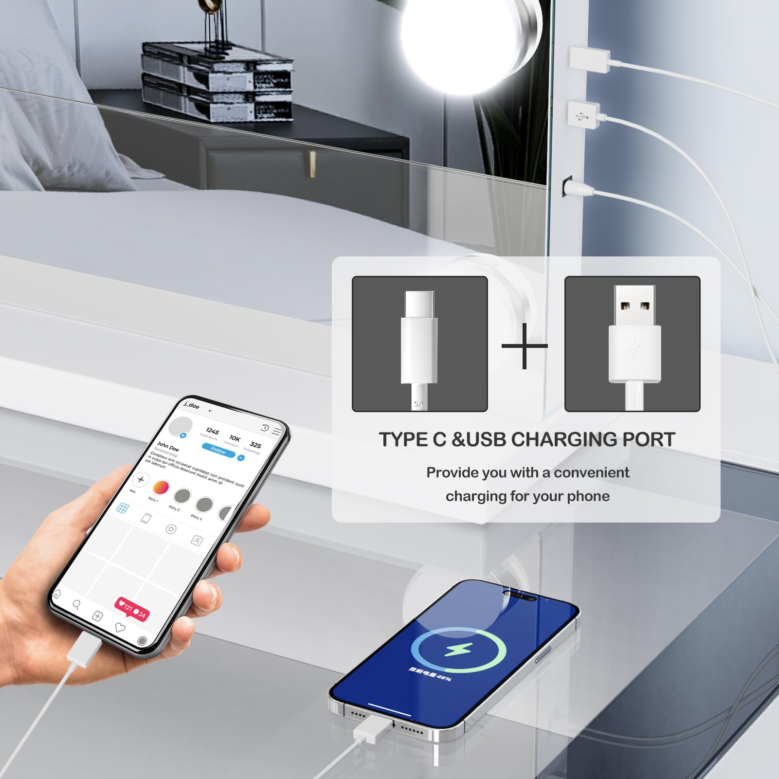 Gvnkvn vanity mirror USB-C charging ports keep devices powered during routines