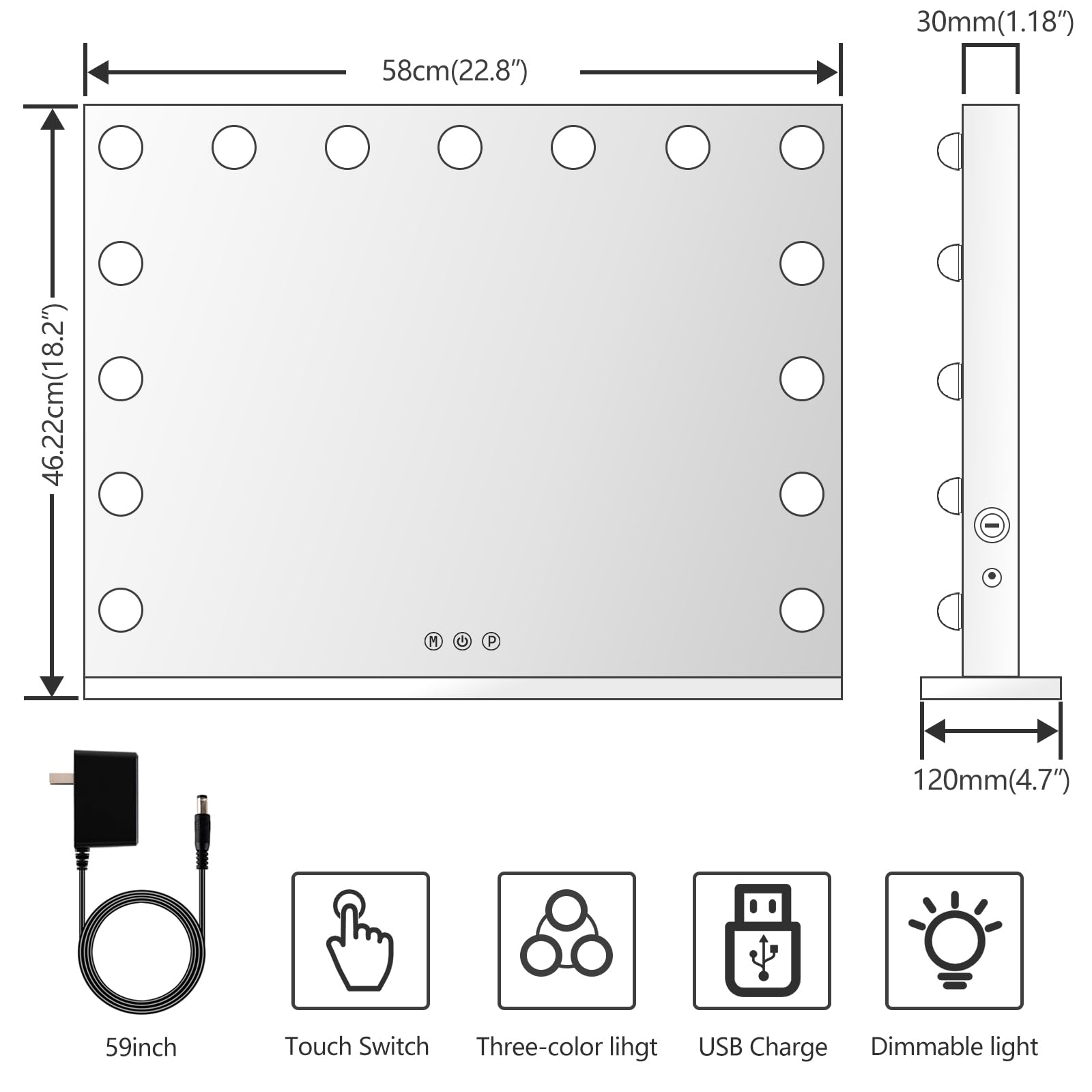 Gvnkvn vanity mirror with lights side view showing USB charging convenience.