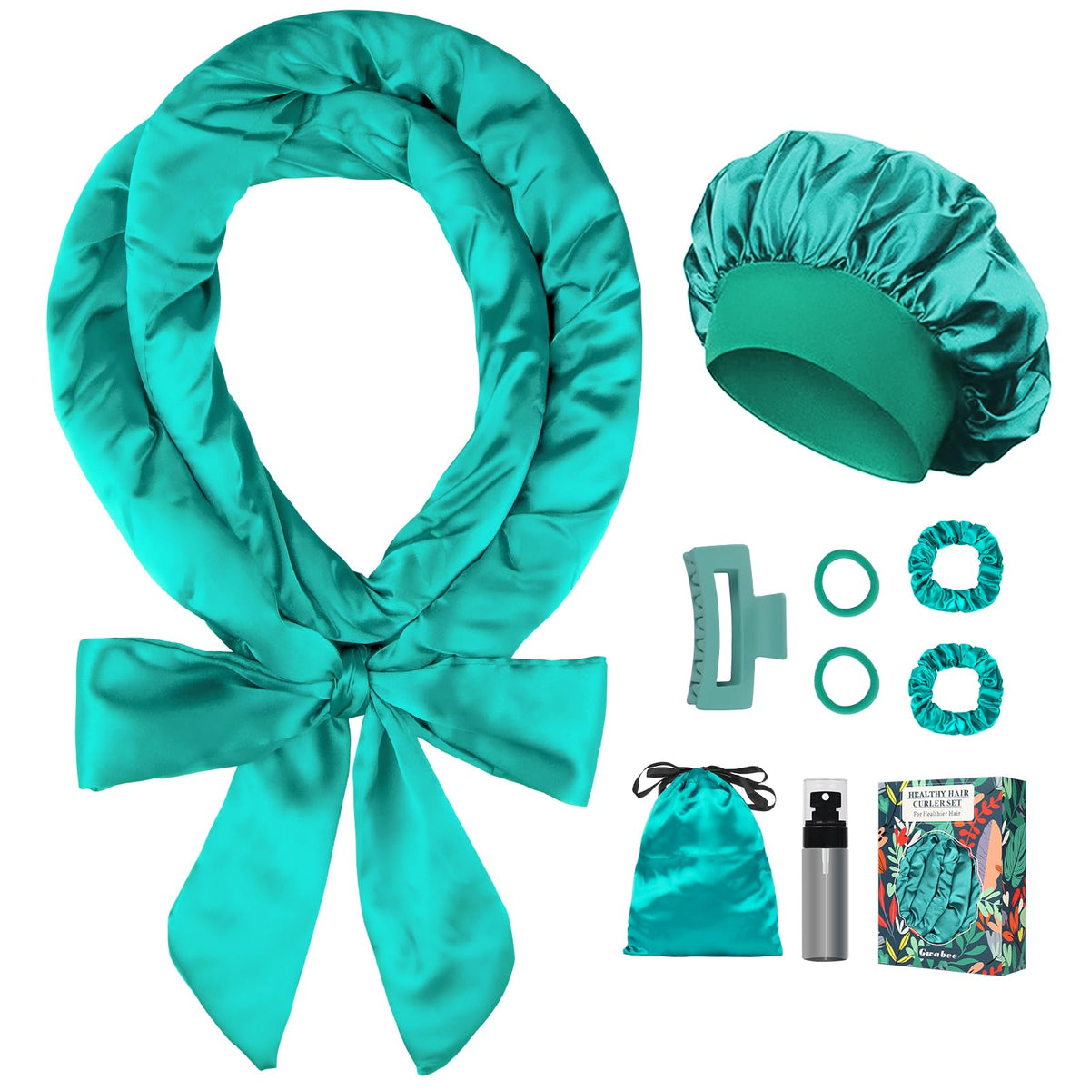 Gwabee satin heatless curls headband green close-up for overnight waves.