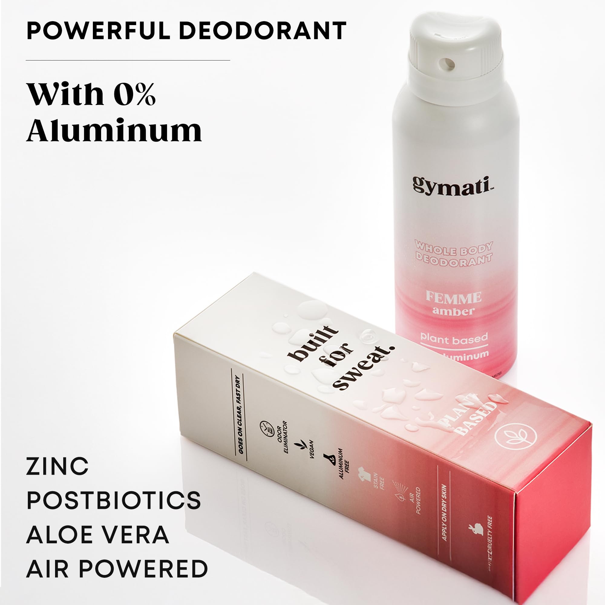Gymati Fitness Body Deodorant Spray aluminum-free label highlights clean, chemical-free care