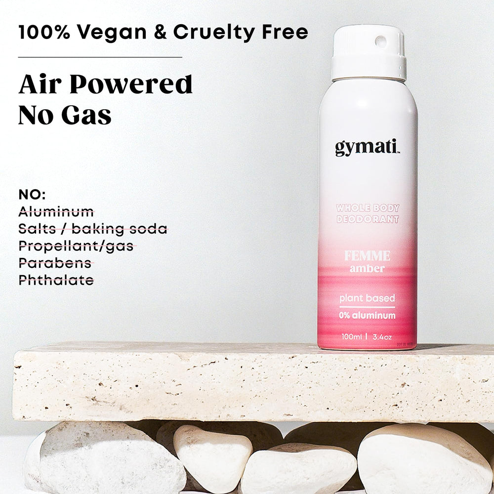 Gymati Fitness Body Deodorant Spray mist application captures quick sweeps after workouts