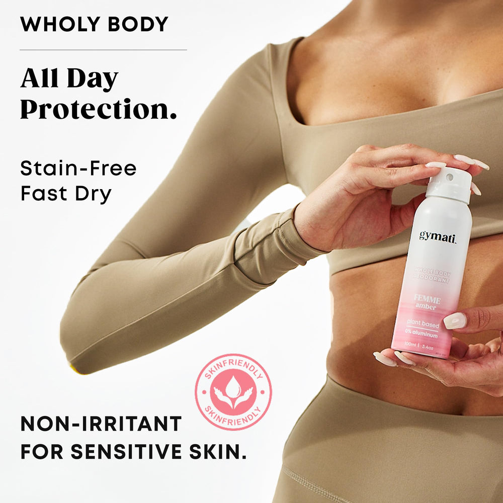 Gymati Fitness Body Deodorant Spray packaging showcases eco-conscious materials