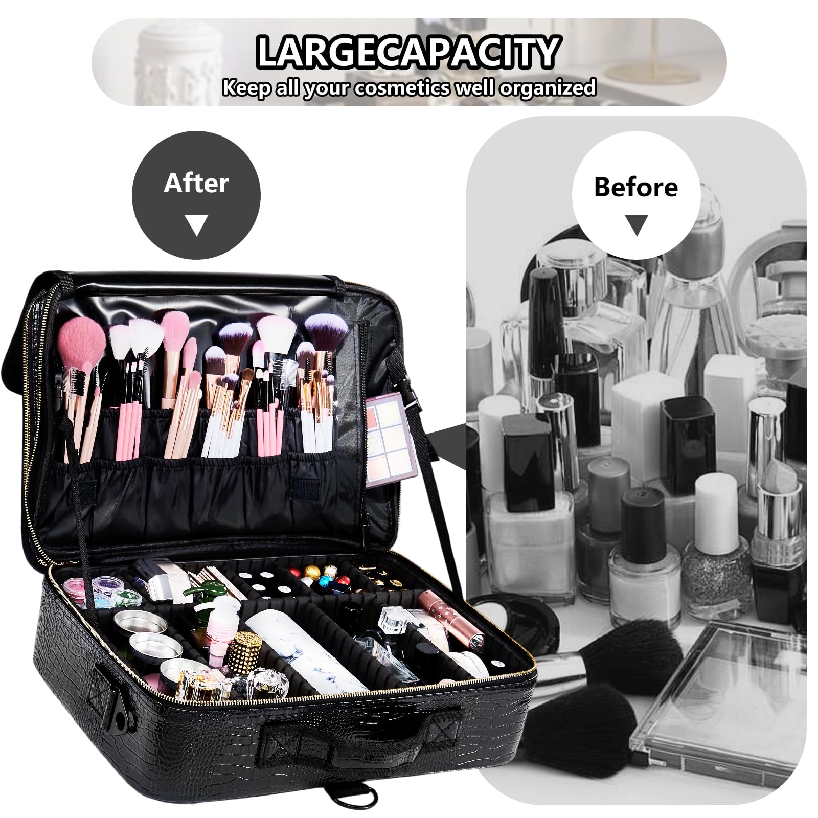 The gzcz travel case accommodates brushes, palettes, and jewelry with organized pockets.