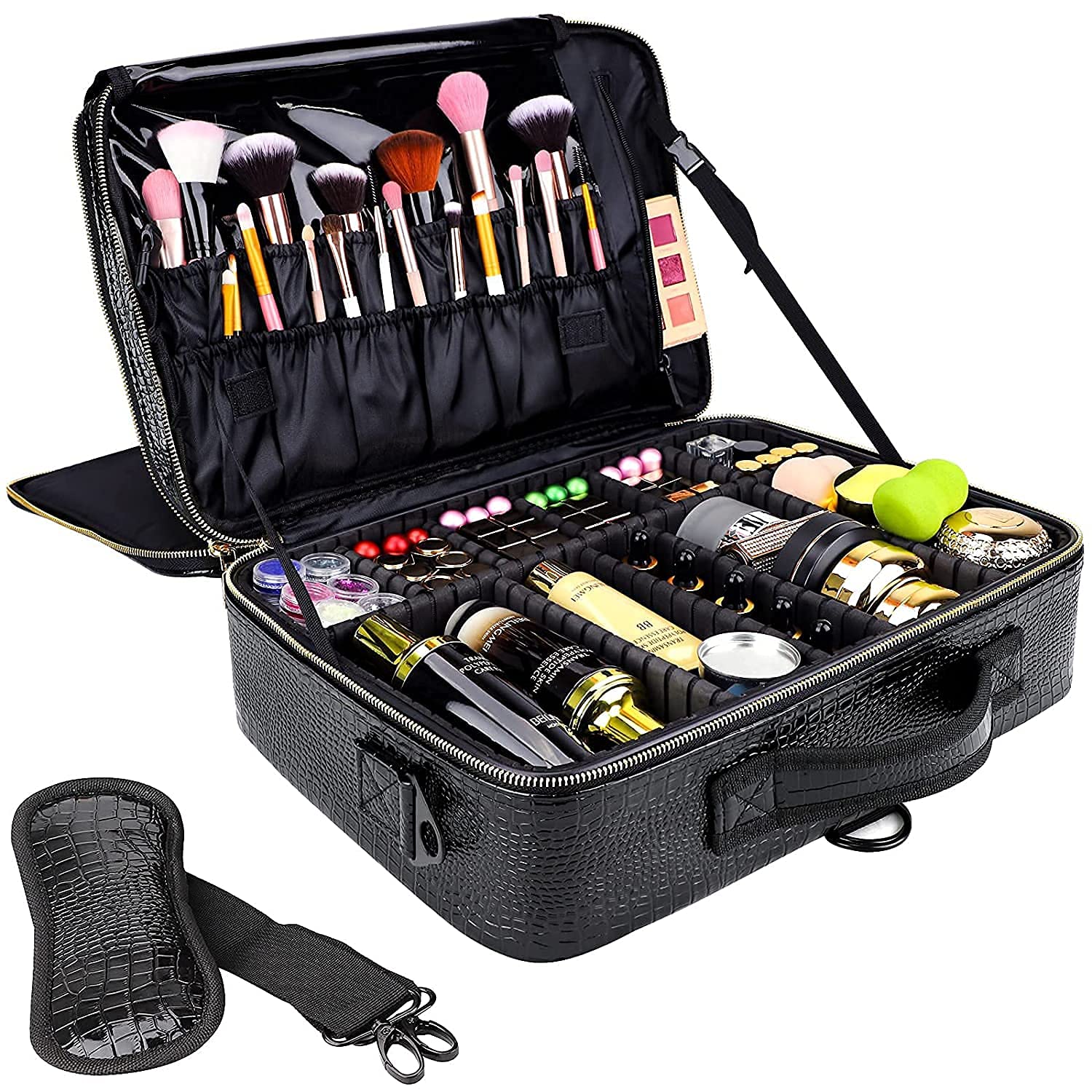 The gzcz large-capacity travel makeup case opens to reveal organized compartments for cosmetics.