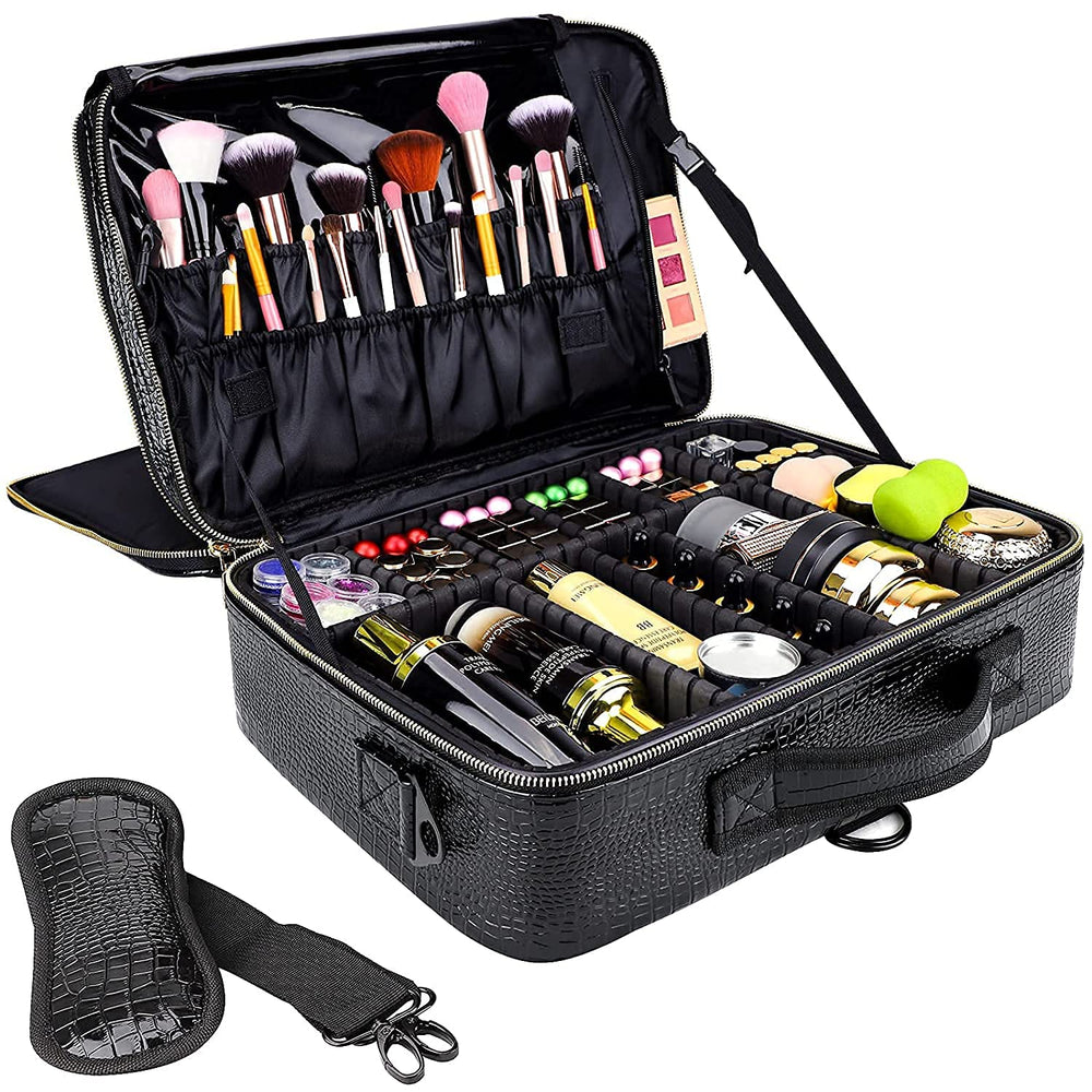 The gzcz large-capacity travel makeup case opens to reveal organized compartments for cosmetics.