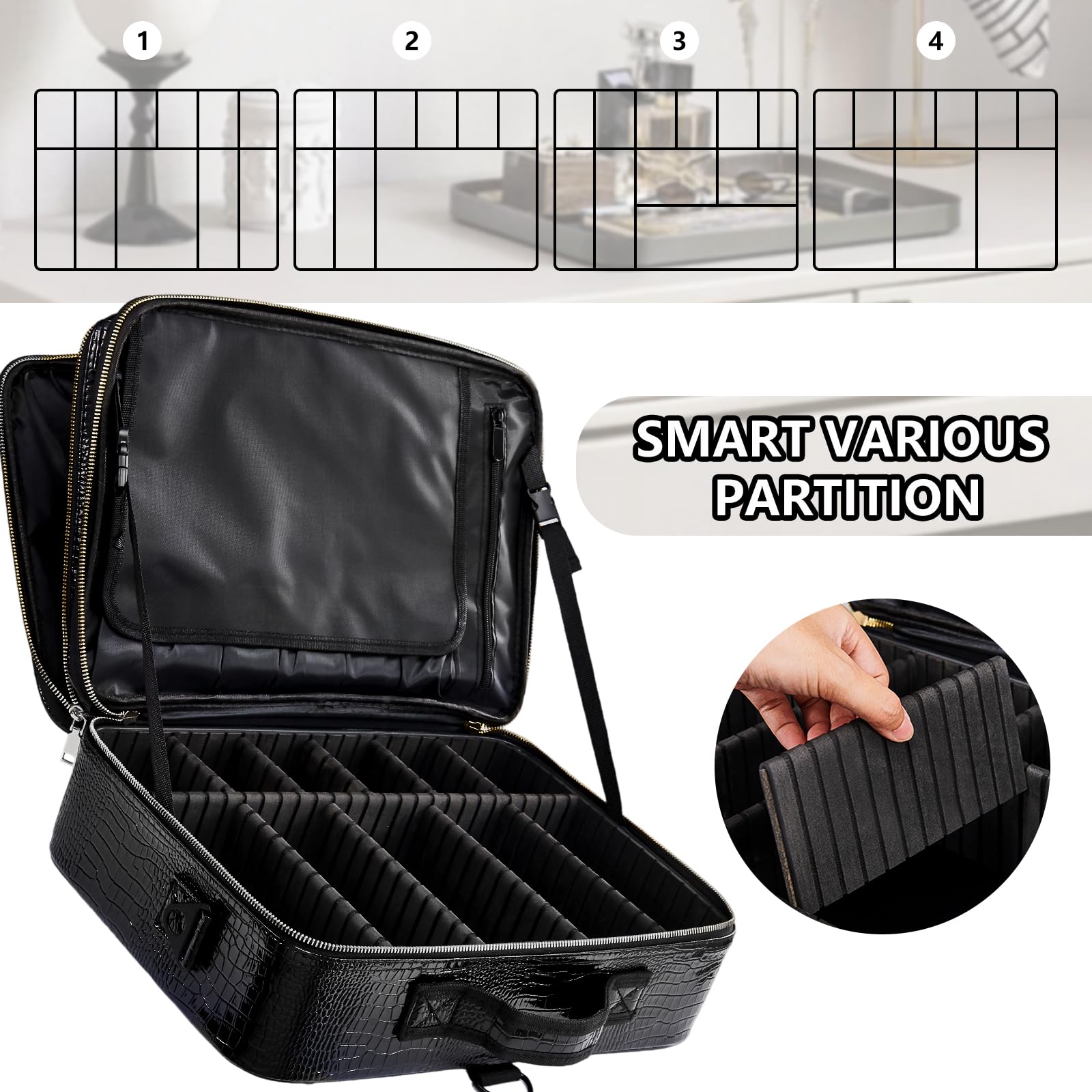 The gzcz waterproof PU leather makeup bag demonstrates a durable, water-resistant exterior protecting cosmetics.