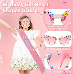GZJINYUAN birthday glasses pink close-up highlighting heart shape and sprinkles