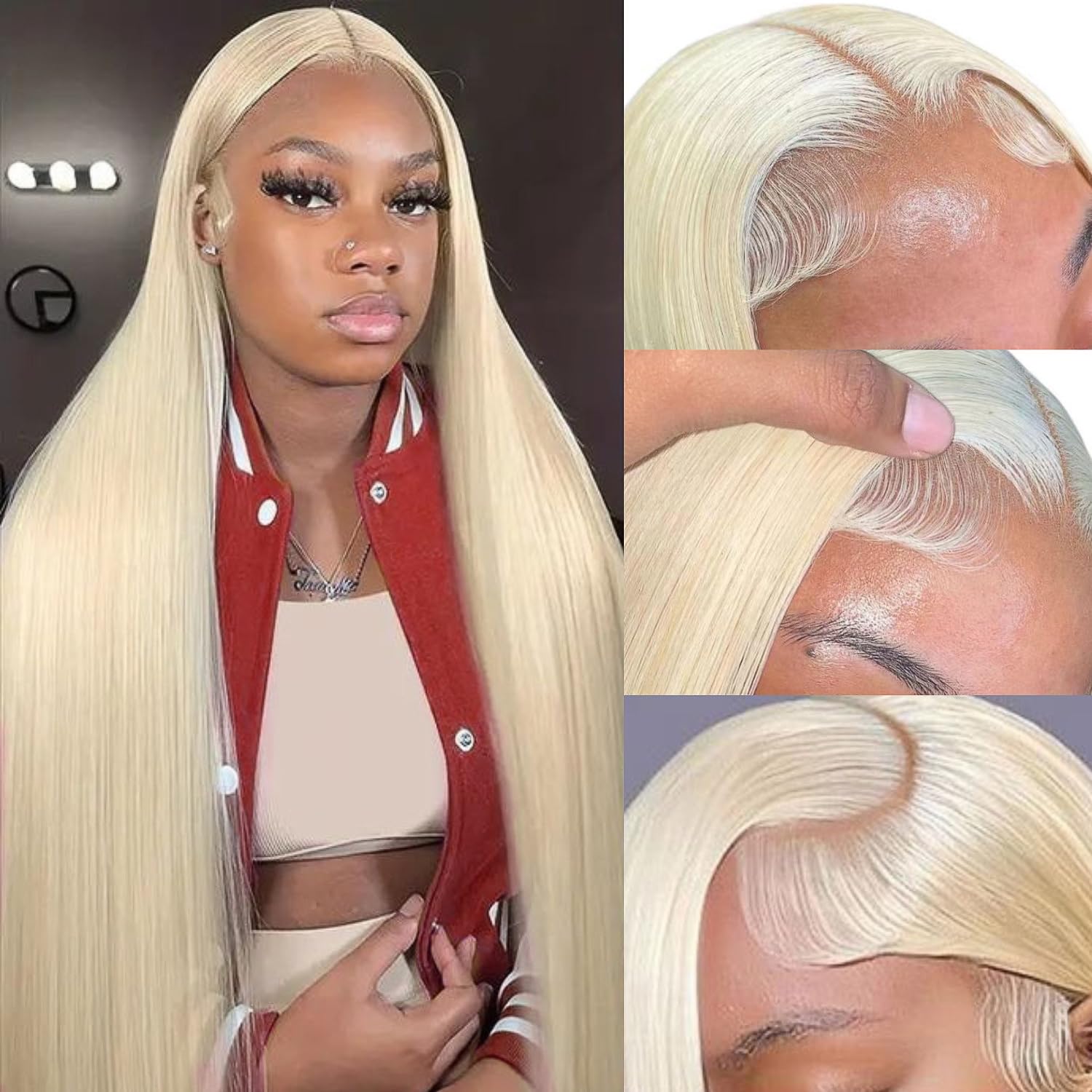 GZX 613 blonde lace front wig closeup shows baby hair for natural hairline