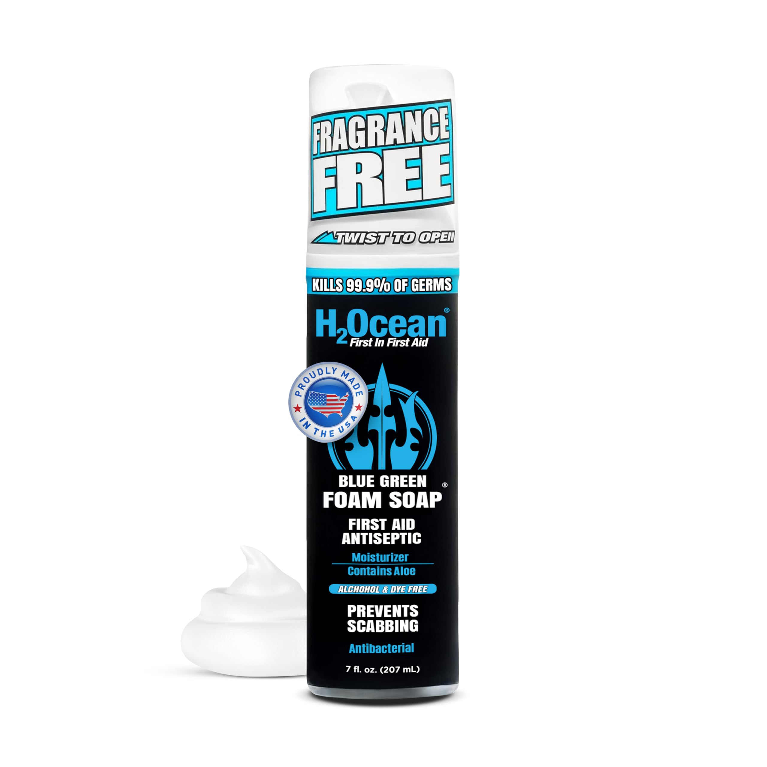 H2Ocean blue green foam soap bottle demonstrates gentle tattoo cleansing with Aloe Vera