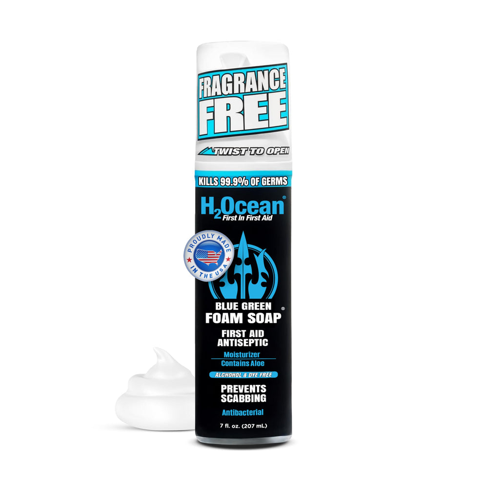 H2Ocean blue green foam soap bottle demonstrates gentle tattoo cleansing with Aloe Vera