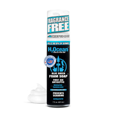 H2Ocean blue green foam soap bottle demonstrates gentle tattoo cleansing with Aloe Vera