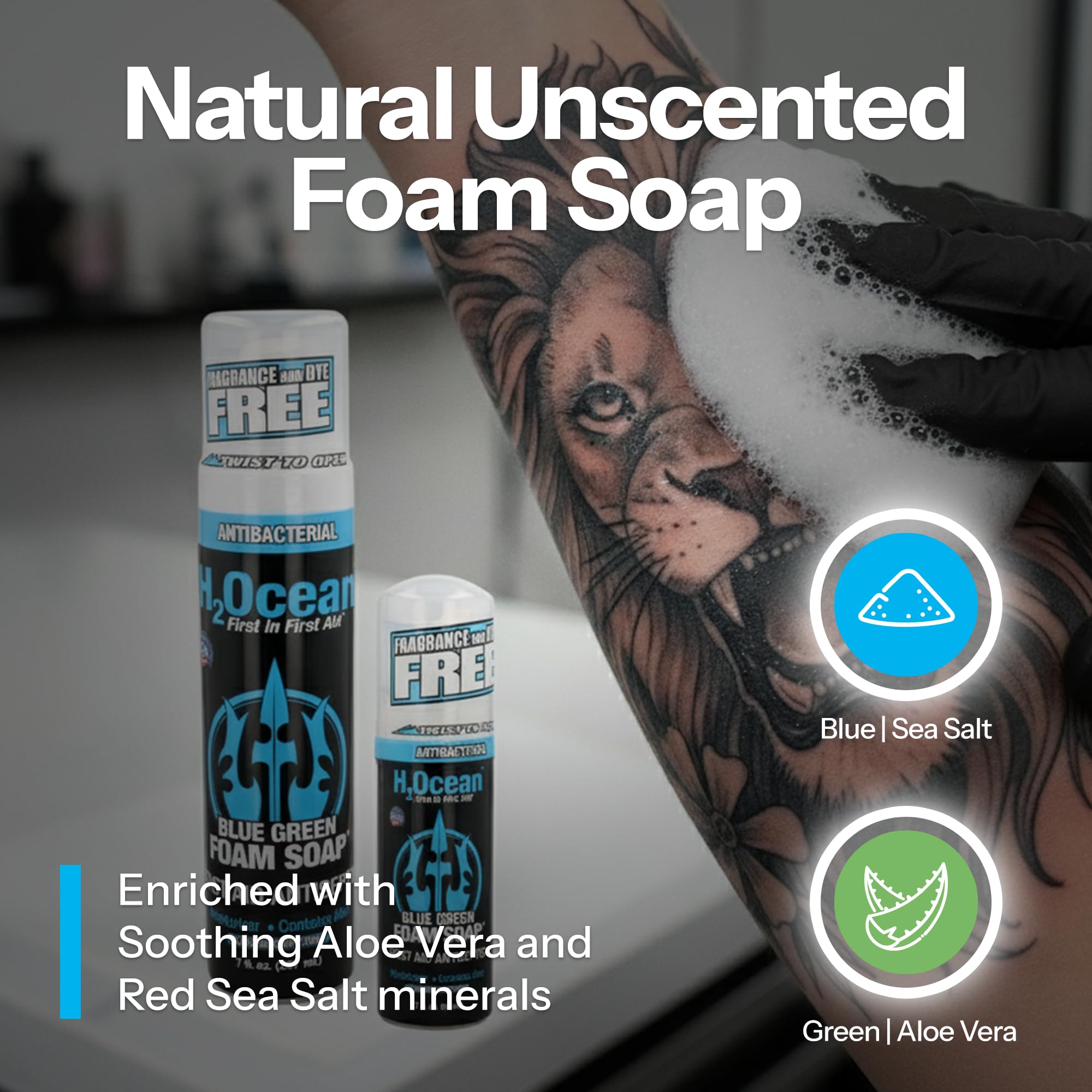 H2Ocean 7 oz packaging for easy home tattoo care