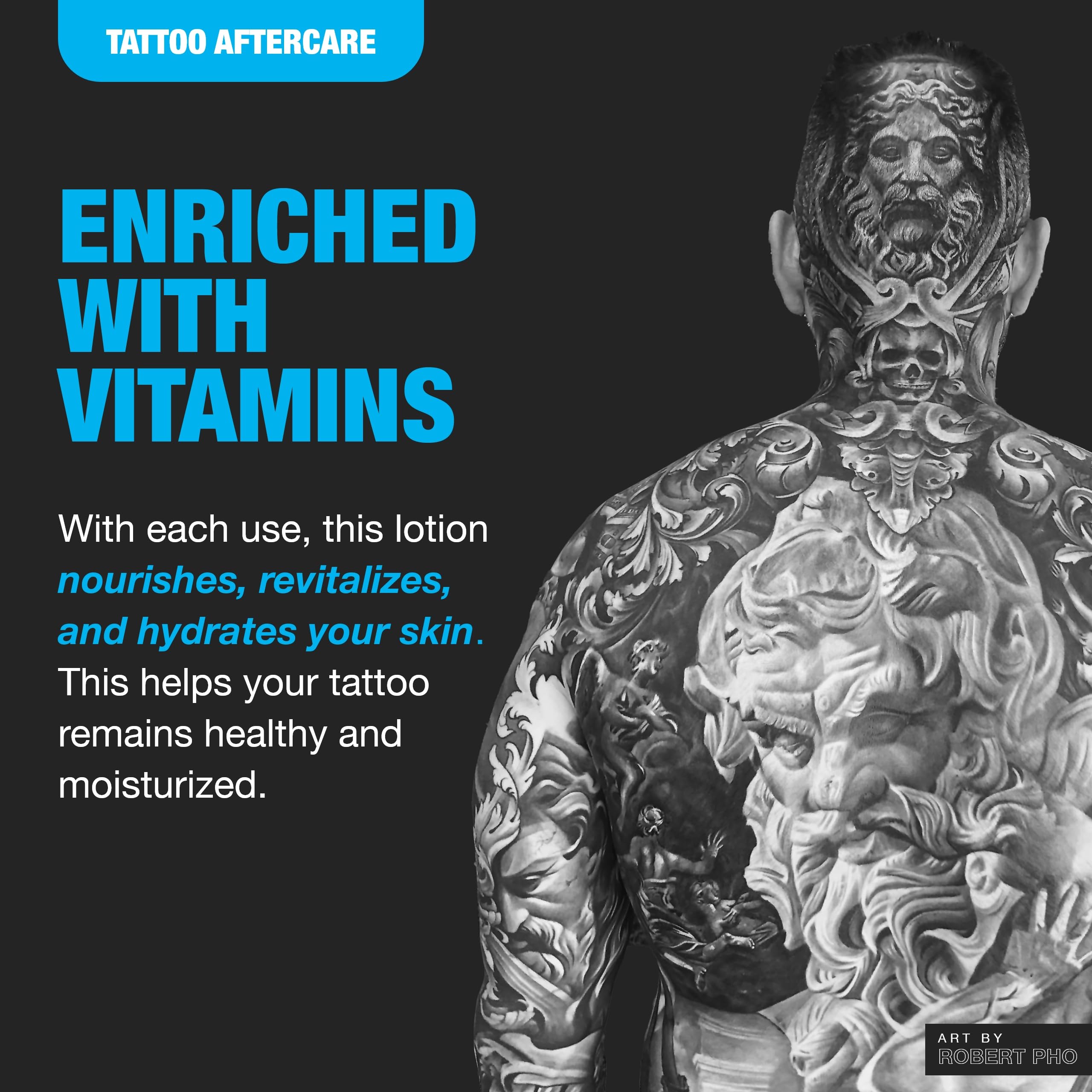 H2Ocean creamy fast-absorbing lotion application shows light, non-sticky hydration for tattoos.