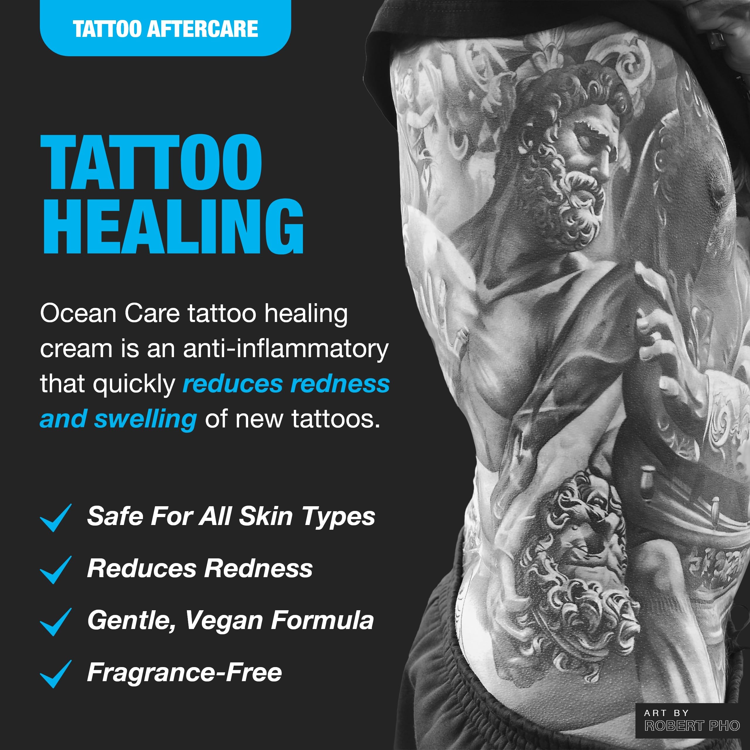 H2Ocean fragrance-free tattoo lotion packaging closeup for fragrance-free, skin-friendly care.