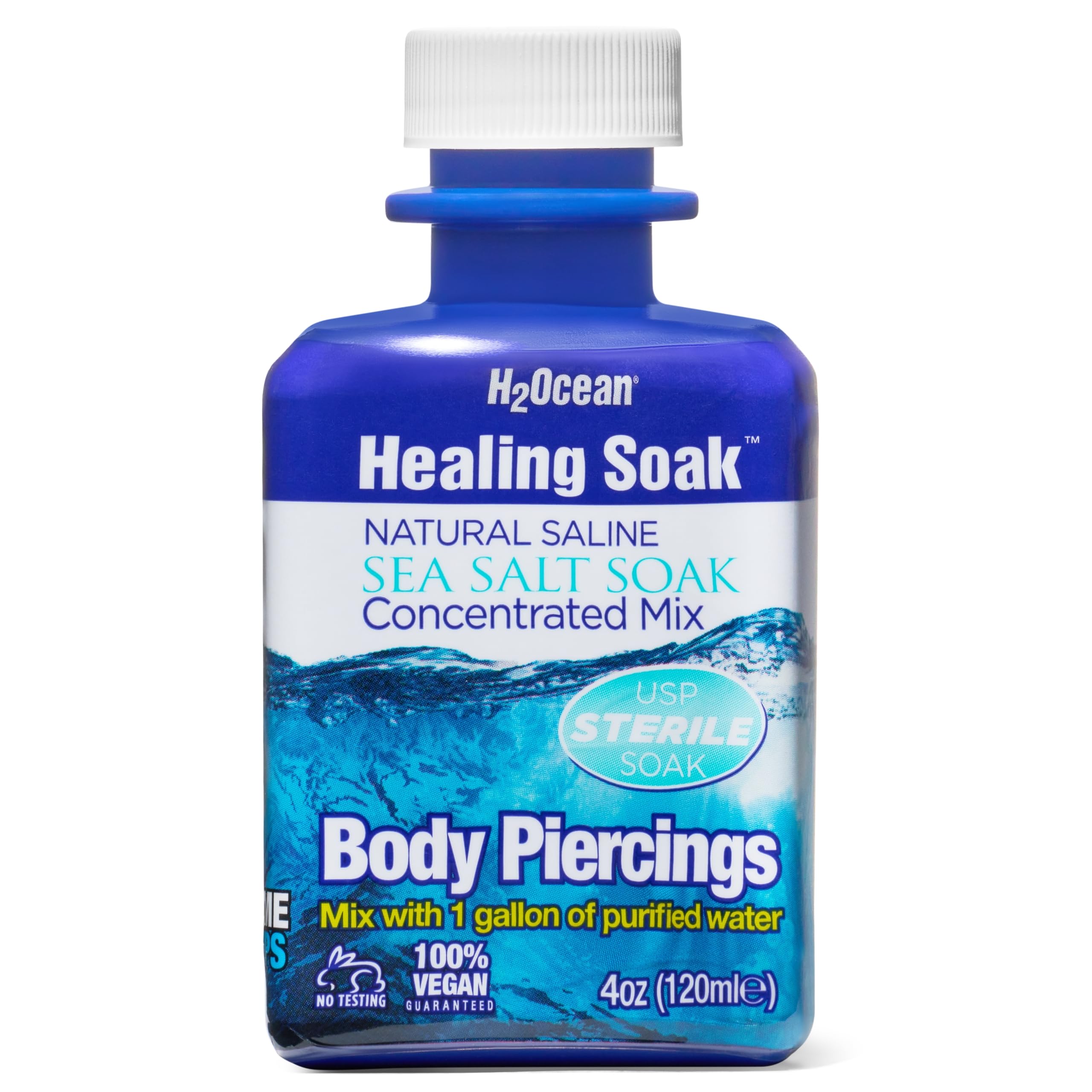 H2Ocean Healing Soak bottle shows hypoallergenic sea salt formula for piercing care