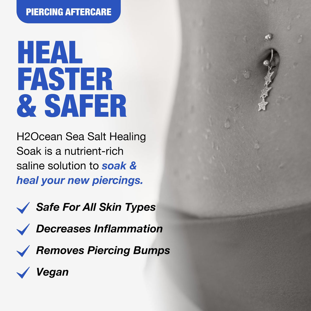 H2Ocean Healing Soak pour demonstrates mineral-rich saline solution for safe piercings